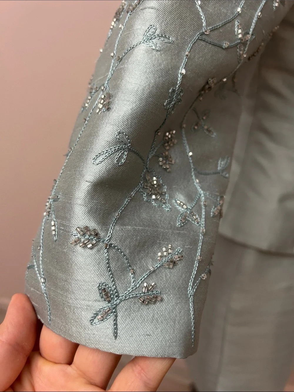 VTG Lillie Rubin Silver-Green Silk Wool Embroidered Skirt Suit set sz 6